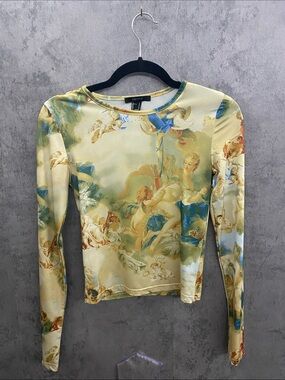 Forever 21 Cream Baroque-Print Long Sleeve Top with Blue & Green Accents